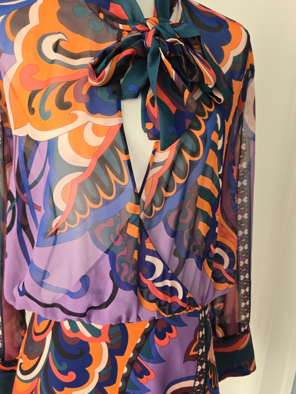 Zara Bright Multicolor Print Mini Blouson Dress Long Sleeves Neck Tie Fitted L - Picture 7 of 11